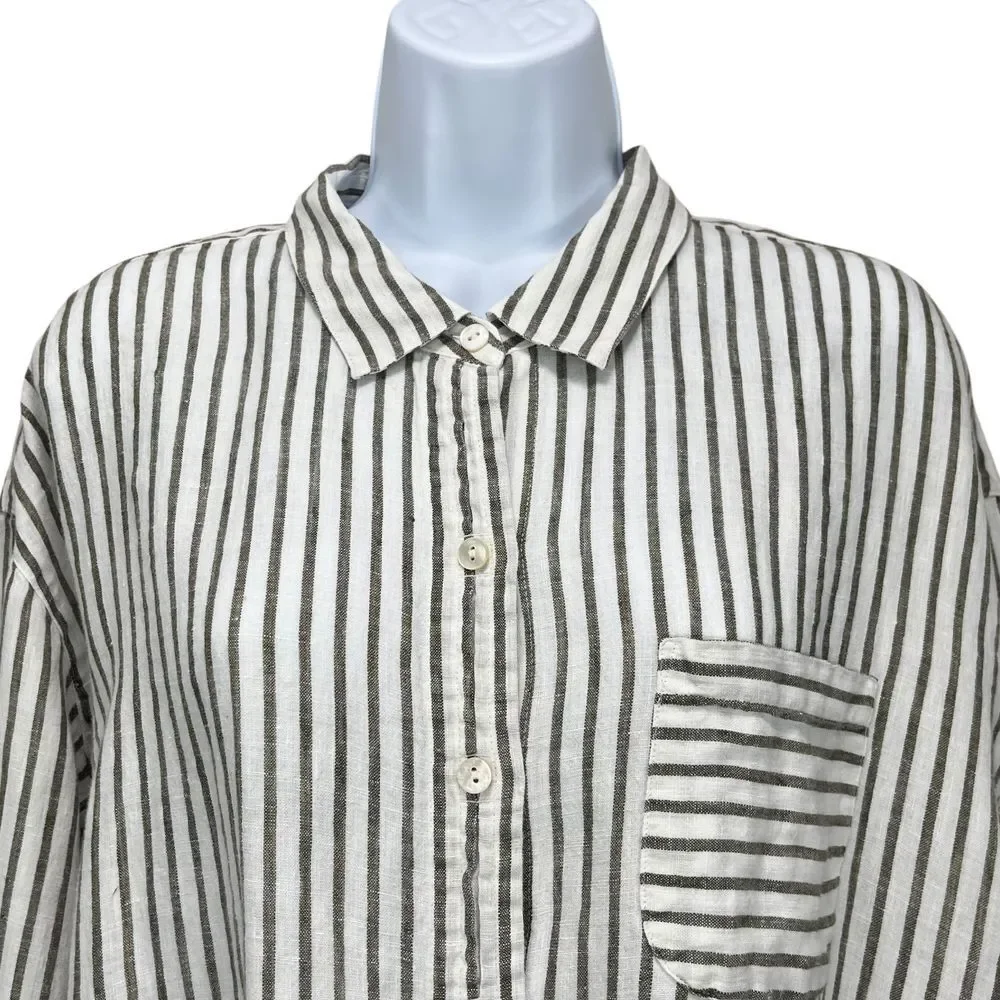 J. Jill Women's XL Petite Love Linen White/Gray Striped Long‎ Sleeve Shirt